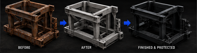 Steel frame before blasting, after surface preparation, and after a protective finish